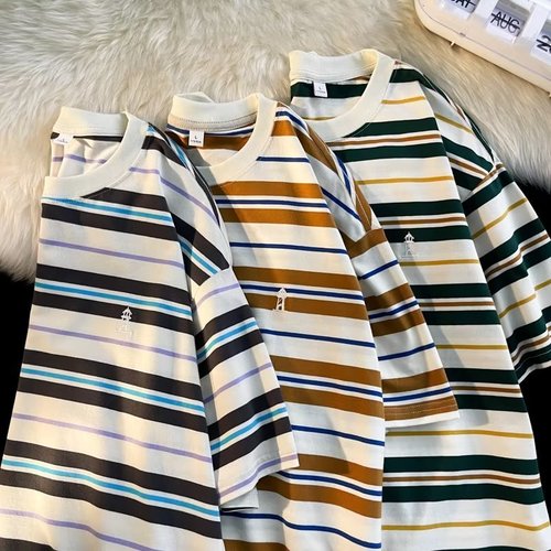 Crew Neck Striped Urban Style Long-Sleeve T-Shirt for Men, Fashionable Streetwear Brand, Literary and Youthful, Trendy Base Layer Top