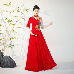 2025 New Chinese Style Dress Female Adult Folk Music Performance Host Solo Evening Dress Red Song Performance Costume