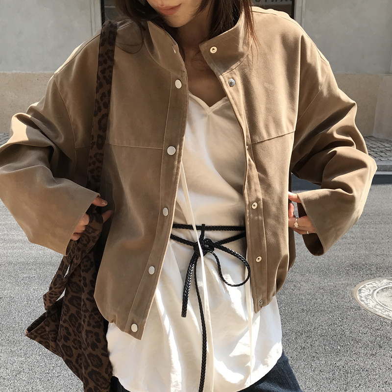 韩国ins秋冬美式复古立领鹿皮绒单排扣长袖夹克上衣宽松短款外套