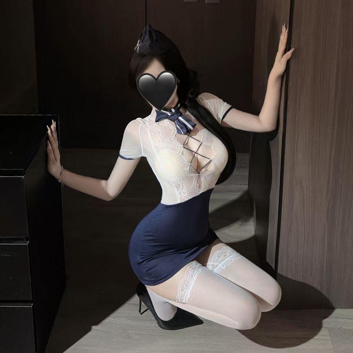 Captain & Flight Attendant Roleplay Lingerie Set, Sheer Strap Bodycon Skirt, Blue with White Bodystocking — detail image 4
