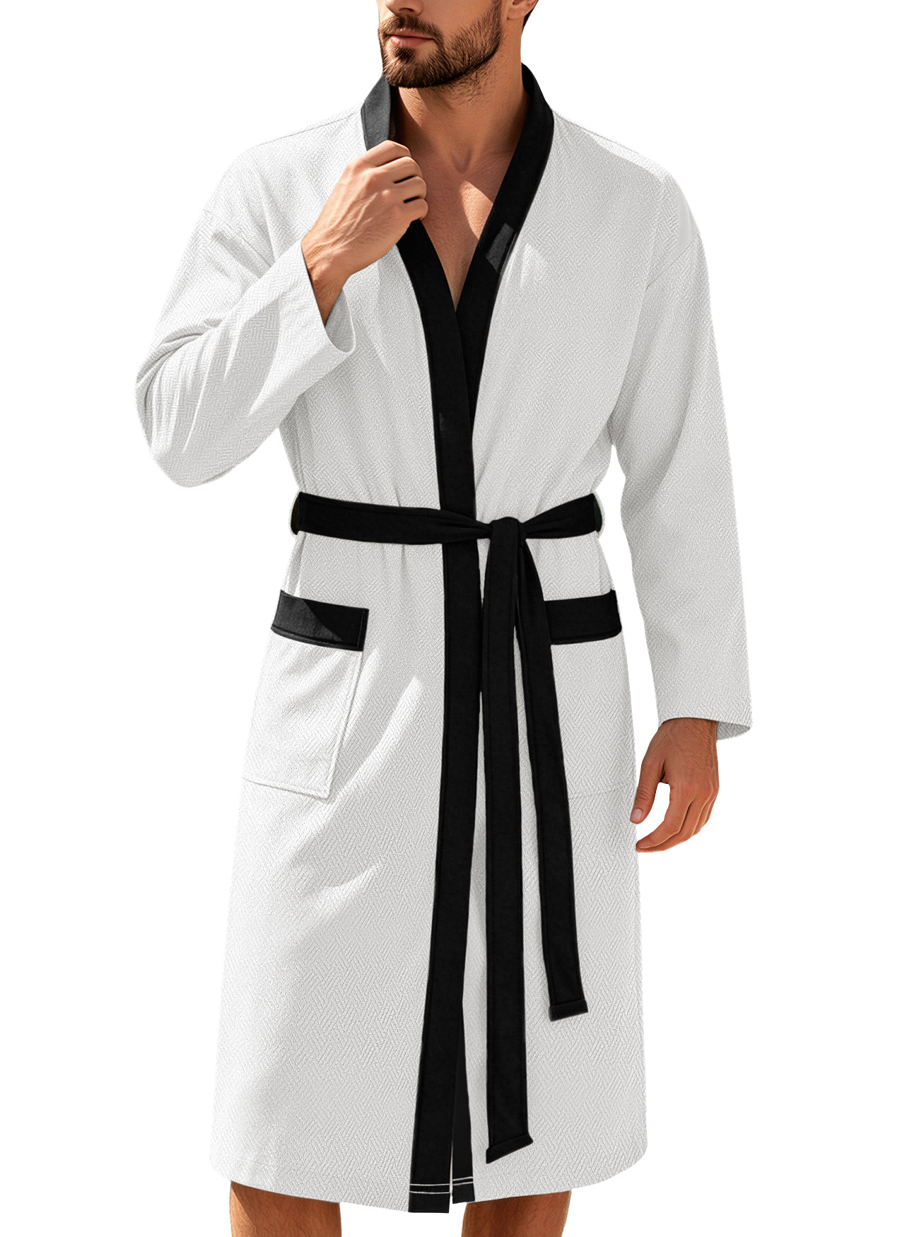 Amazon transfronterizo hombre twill lazo doble bolsillo ropa de baño casual hotel correa Europa y América ropa de dormir larga ropa para el hogar