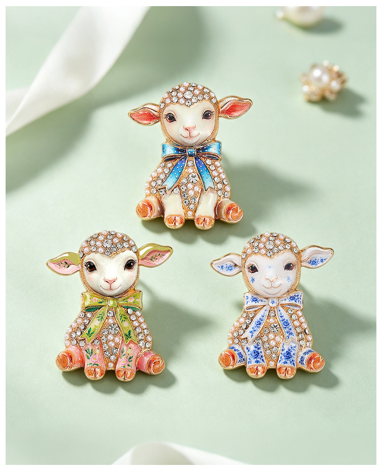 Original cute bowknot lamb brooch with pearls and diamonds, enamel finish, gentle and soothing, decorative pin for women's suits