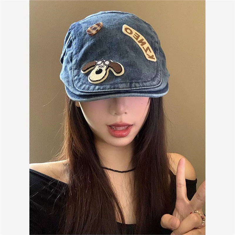 Denim spring summer retro beret, hat