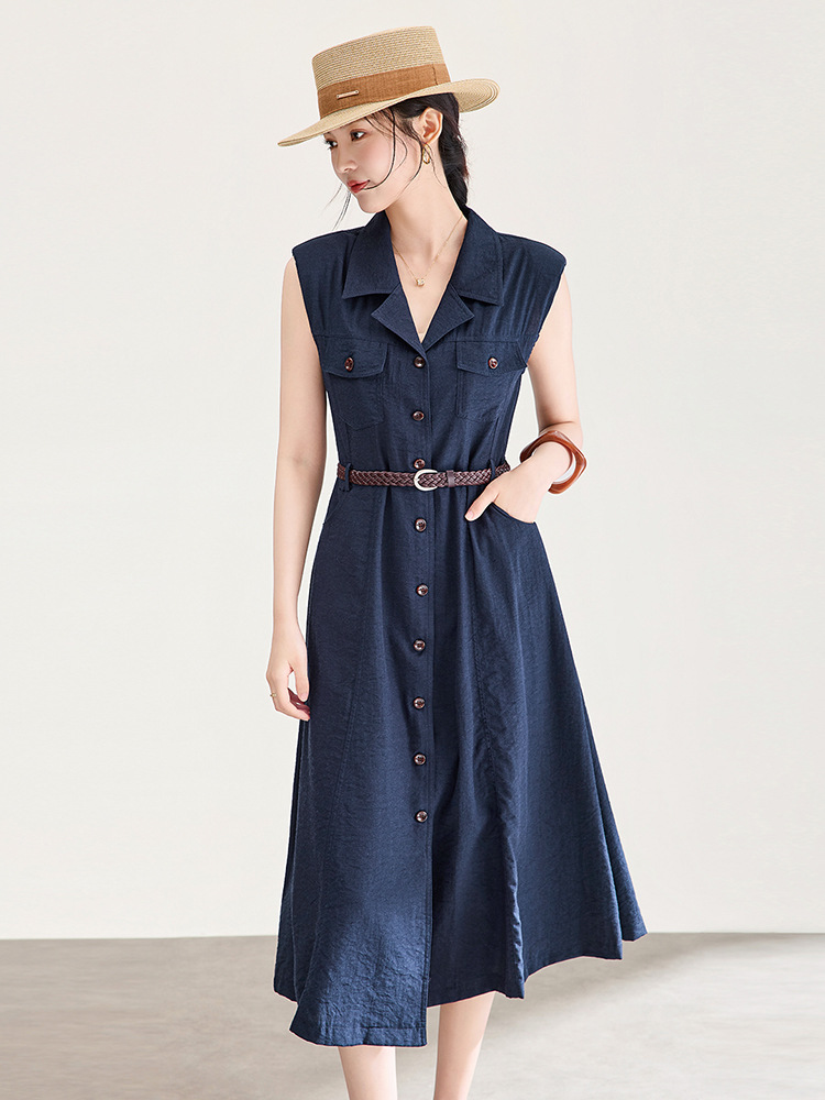 Đầm nữ không tay cổ vest ôm eo phong cách cổ điển — xanh đậm