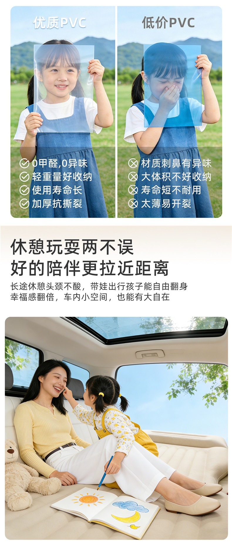 Universal car rear seat sleeping pad, inflatable car mattress, rear seat inflatable camping sleeping tool, long-distance air mattress