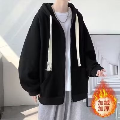 Abrigo de suéter con capucha para hombre Otoño e Invierno Nuevo estilo de Hong Kong suelta casual ropa superior de moda todo a juego de color sólido cardigan top