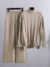 Knitted Women Casual Wide Leg Pants Two Piece Set Loose Butt