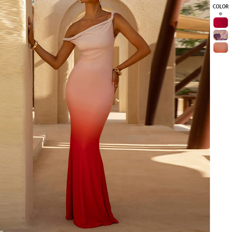 2026 European and American Amazon Cross-Border Summer Export Off-Shoulder Dress Slimming Look Slimming Look Spliced ​​Fishtail Long Skirt