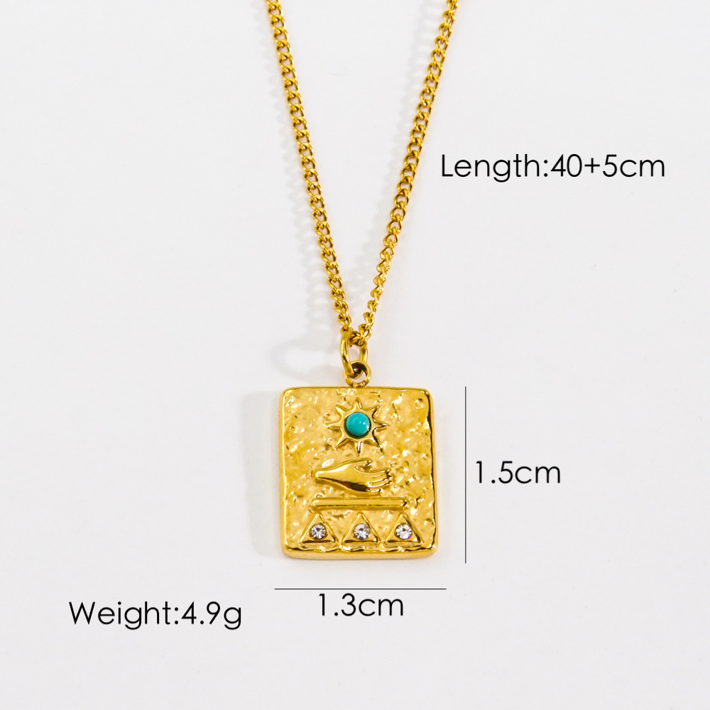 Natural Stone, Shell, Zircon Inlay Material PVD Coated 14K Gold Real Gold Plated Sun Square Oval 304 Stainless Steel Retro Waterproof Non Tarnish 304 Stainless Steel Pendant Necklace