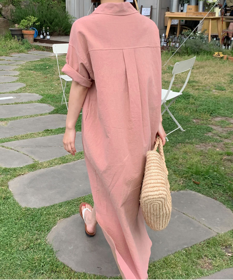 Korean Summer Short Sleeve Long Pattern Dress Loose Lazy Over The Knee Shirt Dress Women