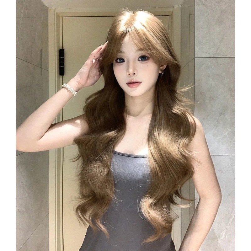 [韓国人娘] 女性用ウィッグ 新しいスタイル リネン ブラウン 気質 大きなウェーブ ロング巻き毛 軽くて通気性のあるフルヘッドギア|undefined