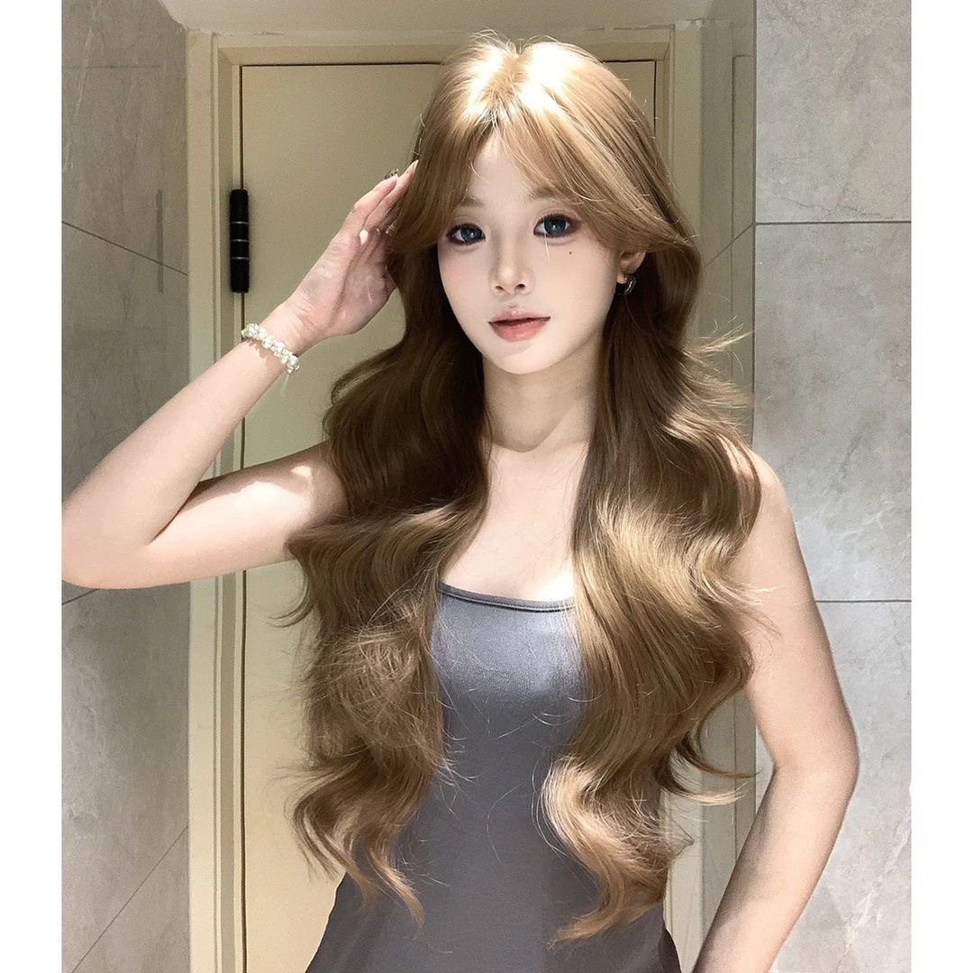 Parrucca Koni [stile coreano elegante] nuovi capelli lunghi ondulati castani biondi da donna leggeri e traspiranti