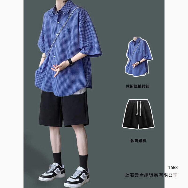 Loose Casual Plaid Short-Sleeved Shirt for Men and Teenagers, Stylish and Trendy Summer Shirt and Shorts Set, Thin Jacket for Men Loose Casual Plaid Short-Sleeved Shirt for Men and Teenagers, Stylish and Trendy Summer Shirt and Shorts Set, Thin Jacket for Men