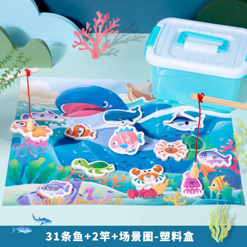 Diversión de madera barril magnético pesca marina juego de cartas juego ejercicio coordinación mano-ojo juguetes educativos