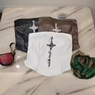 美式复古辣妹PU皮抹胸背心女带胸垫美背裹胸掐腰显瘦设计感上衣