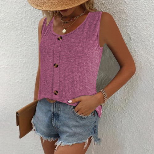 2024 European and American Cross-border Amazon Independent Station TEMU Summer New Round Neck Button Casual Solid Color Small Backless Top