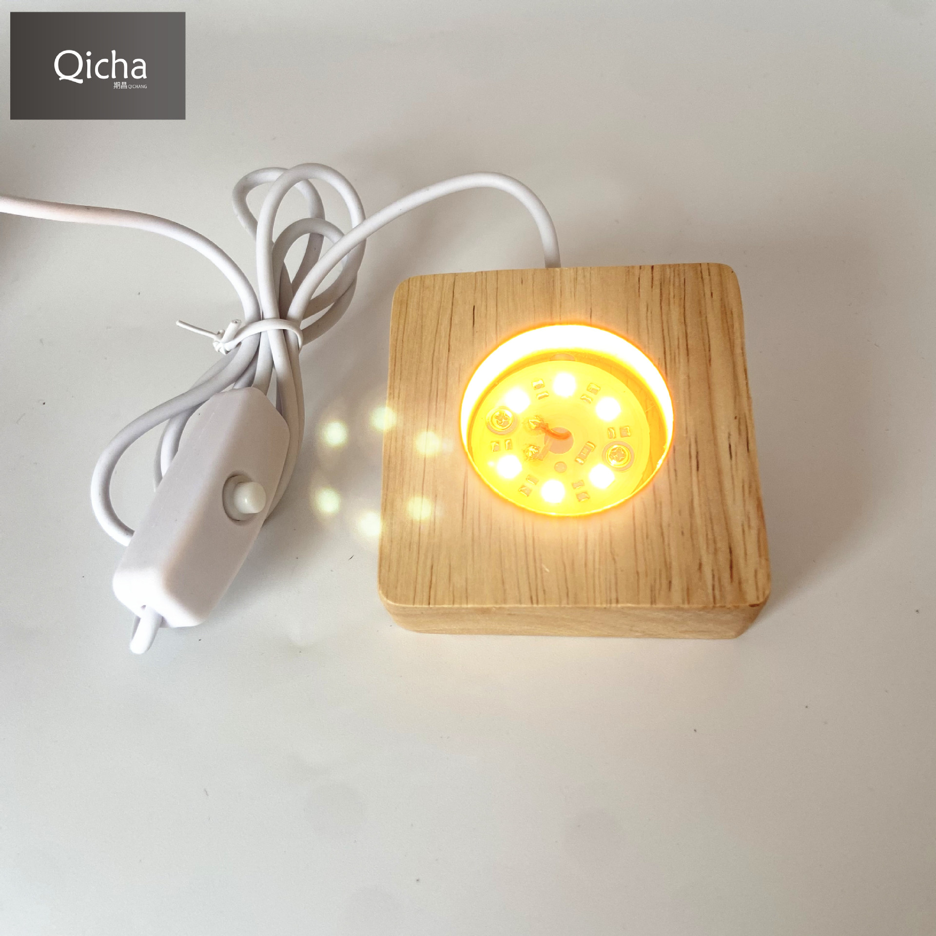 Kauçuk ahşap aydınlık kristal taban USB arayüzü 5V anahtarı aydınlık taban gece lambası masif ahşap yuvarlak lamba tutucu