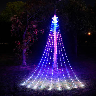 Cross-border new LED waterfall light point control RGB five-pointed star Christmas tree solar outdoor garden decorative light