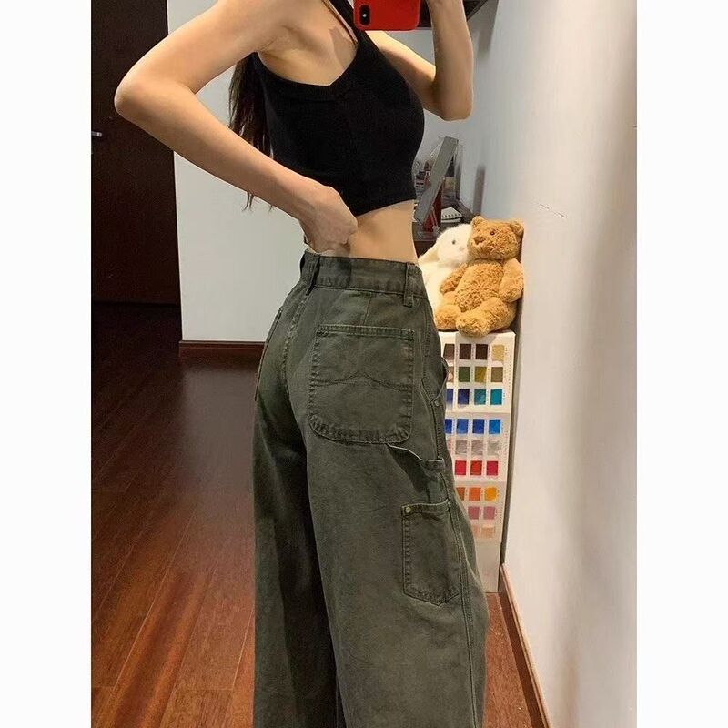 军绿色阔腿工装微喇牛仔裤女秋季新款美式低腰宽松显瘦垂感拖地裤|undefined