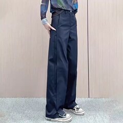 ネイビーブルーデザイン通勤韓国風スリムカジュアルパンツ女性のための 2025 夏の新しいシンプルなファッションスーツパンツ