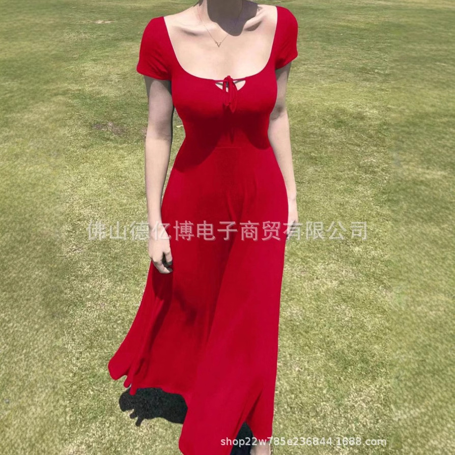 夏季时尚新款连衣裙法式设计感收腰气质显瘦扭结大V领A字长裙女