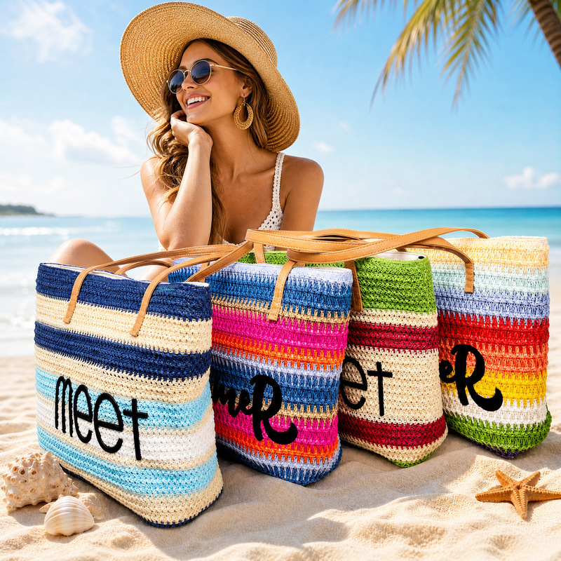 Cross-Border Beach Bag, Straw Woven Large Capacity Bag, Women's Large Capacity Shopping Bag, Striped Letter Beach Bag, Tote Bag Cross-Border Beach Bag, Straw Woven Large Capacity Bag, Women's Large Capacity Shopping Bag, Striped Letter Beach Bag, Tote Bag