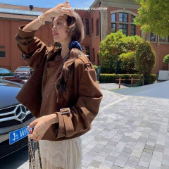 高级感时尚复古麂皮绒短款风衣外套女2025秋新款韩系宽松立领上衣