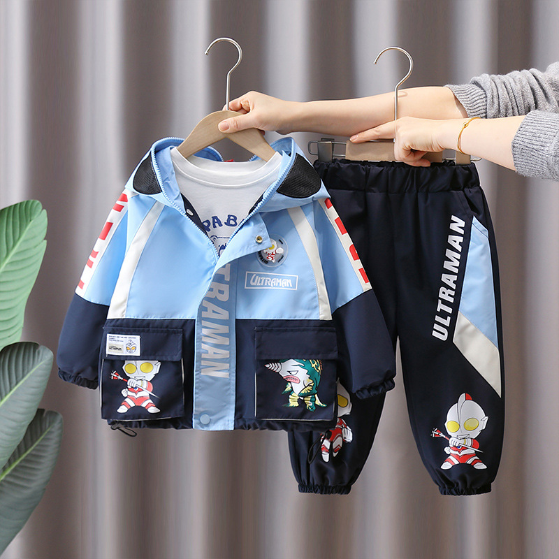 7614 traje de primavera para niños 2025 nuevo estilo niño estilo occidental gabardina con capucha primavera y otoño ocio de dos piezas primavera