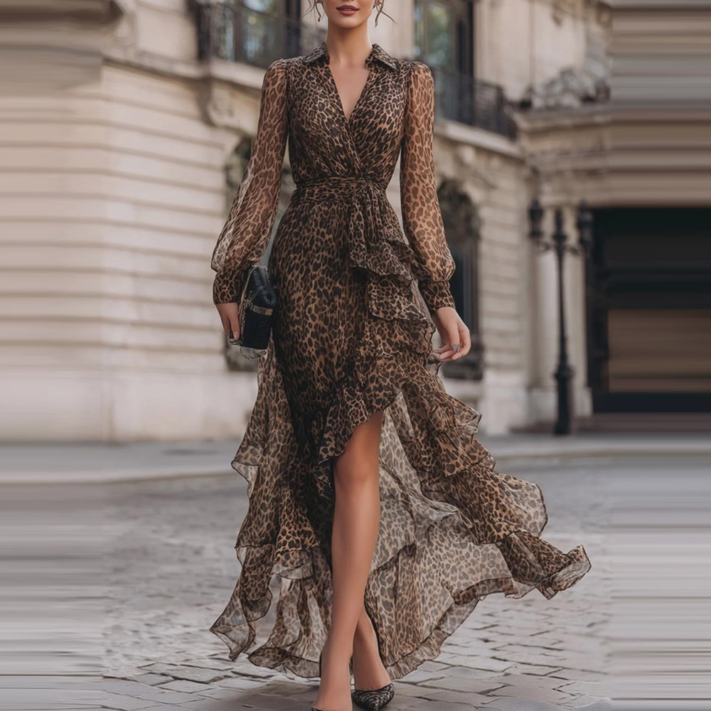 2026 European and American Foreign Trade Independent Site Amazon Cross-Border Leopard Print V-Neck Long-Sleeve Waist-Cinching Ruffle Elegant Dress