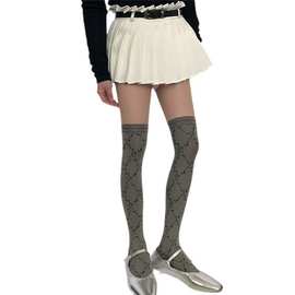 复古宫廷风灰色拼接假高筒提花丝袜菱形花藤格纹肤色假过膝连裤袜