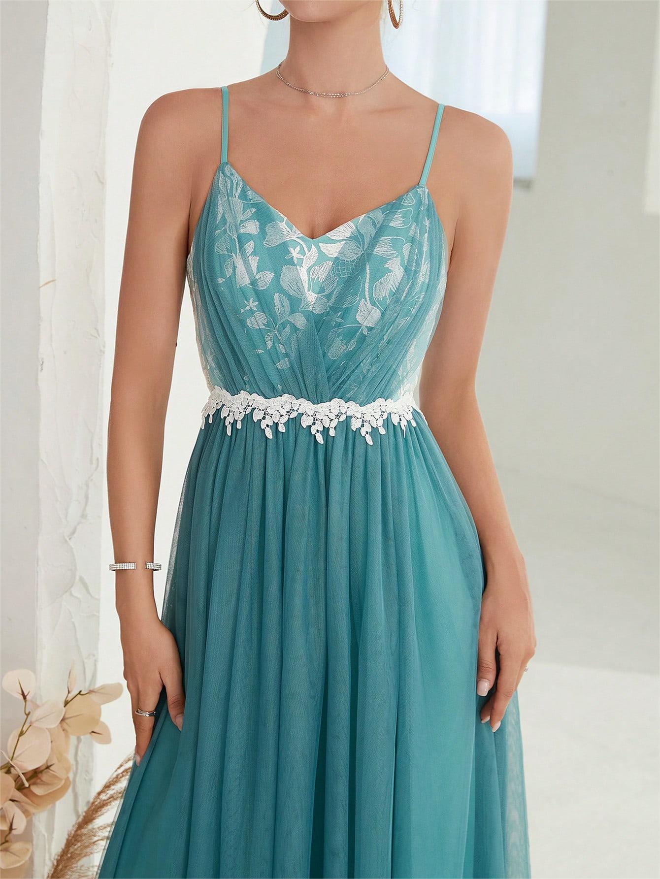 Women Suspender Evening Dress Mesh Cross Fold Lace Contrast Color Maxi Dress Summer