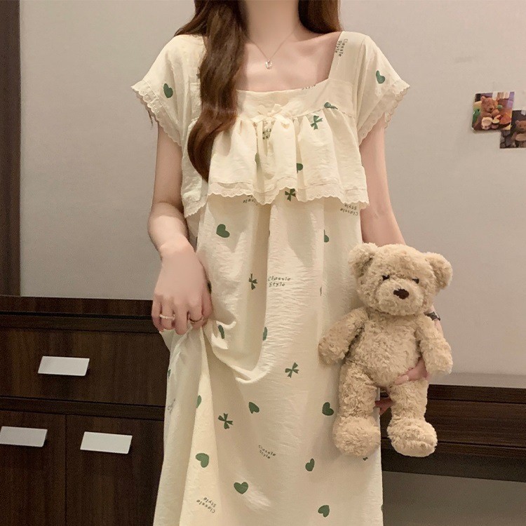 女性のためのナイトガウン夏半袖クラウドコットンラブスウィートガール 2025 新しい夏薄い女性のパジャマドレス|undefined