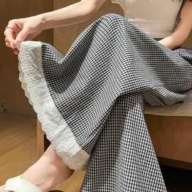 大码韩系蕾丝花边格子阔腿休闲裤女夏季新款宽松显瘦时尚百搭长裤