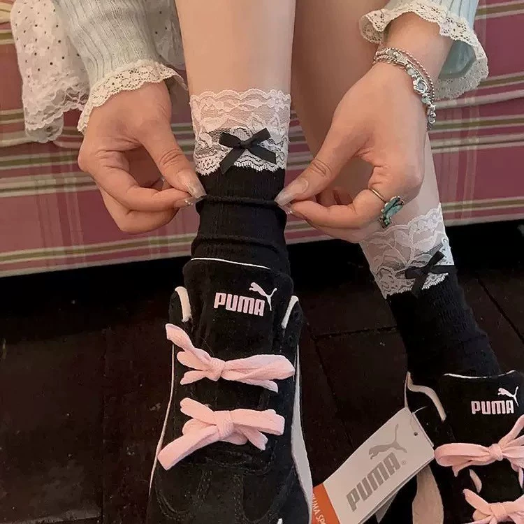 Ballet style Lolita socks lace sweet mid-tube women's socks versatile Miu bow cotton socks piled up socks