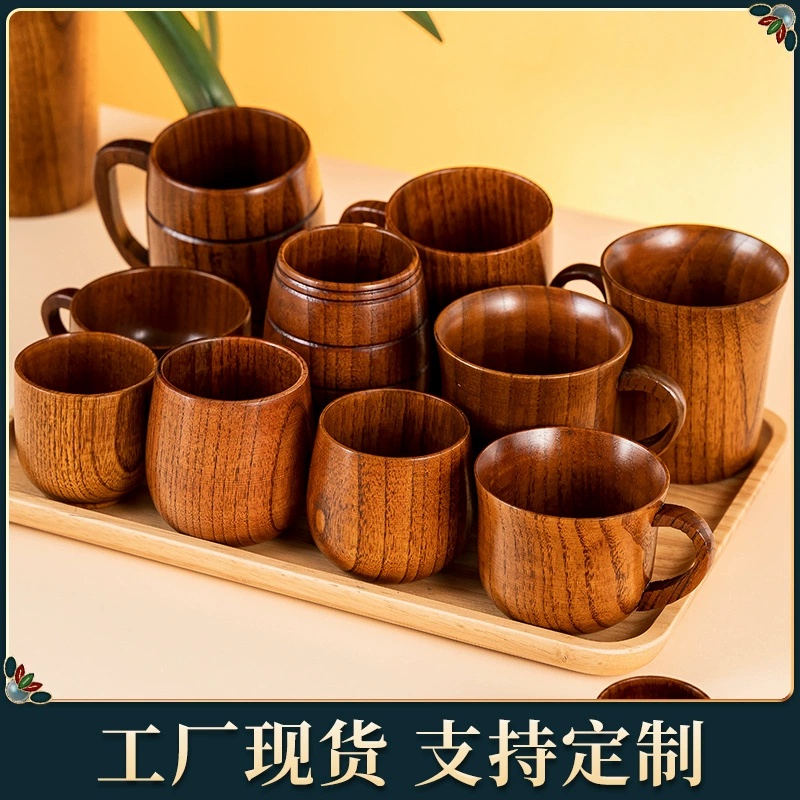 Wooden creative jujube wood coffee cup solid wood retro mug anti-scalding handle cup wooden cup