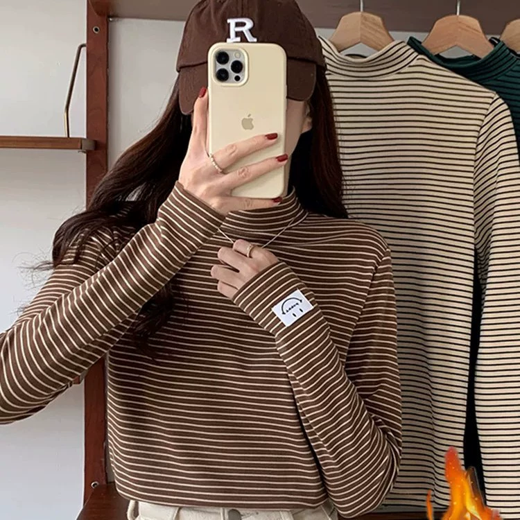 Женская рубашка с полугольфом в красочную полоску и смайликом, немецкая бархатная рубашка для женщин, осенне-зимняя теплая полосатая эластичная рубашка для похудения, небольшой топ с воротником-стойкой