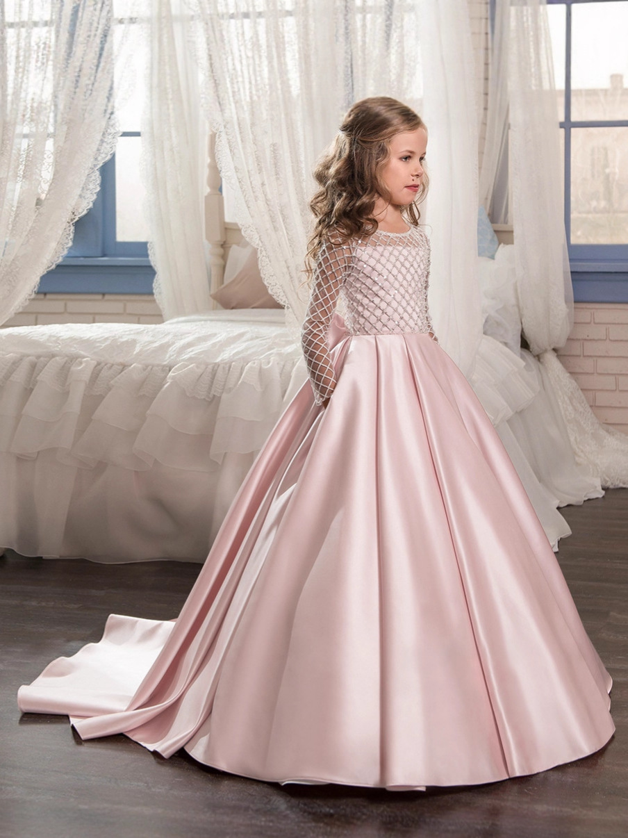 Comercio exterior transfronterizo nueva ropa para niños vestido para niños niñas encaje satén arco pequeño vestido de princesa de niña de flores