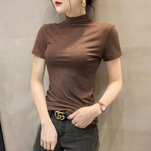 Half-high collar slim-fit short-sleeve women's T-shirt 2025 spring temperament stylish base shirt fashionable sexy top
