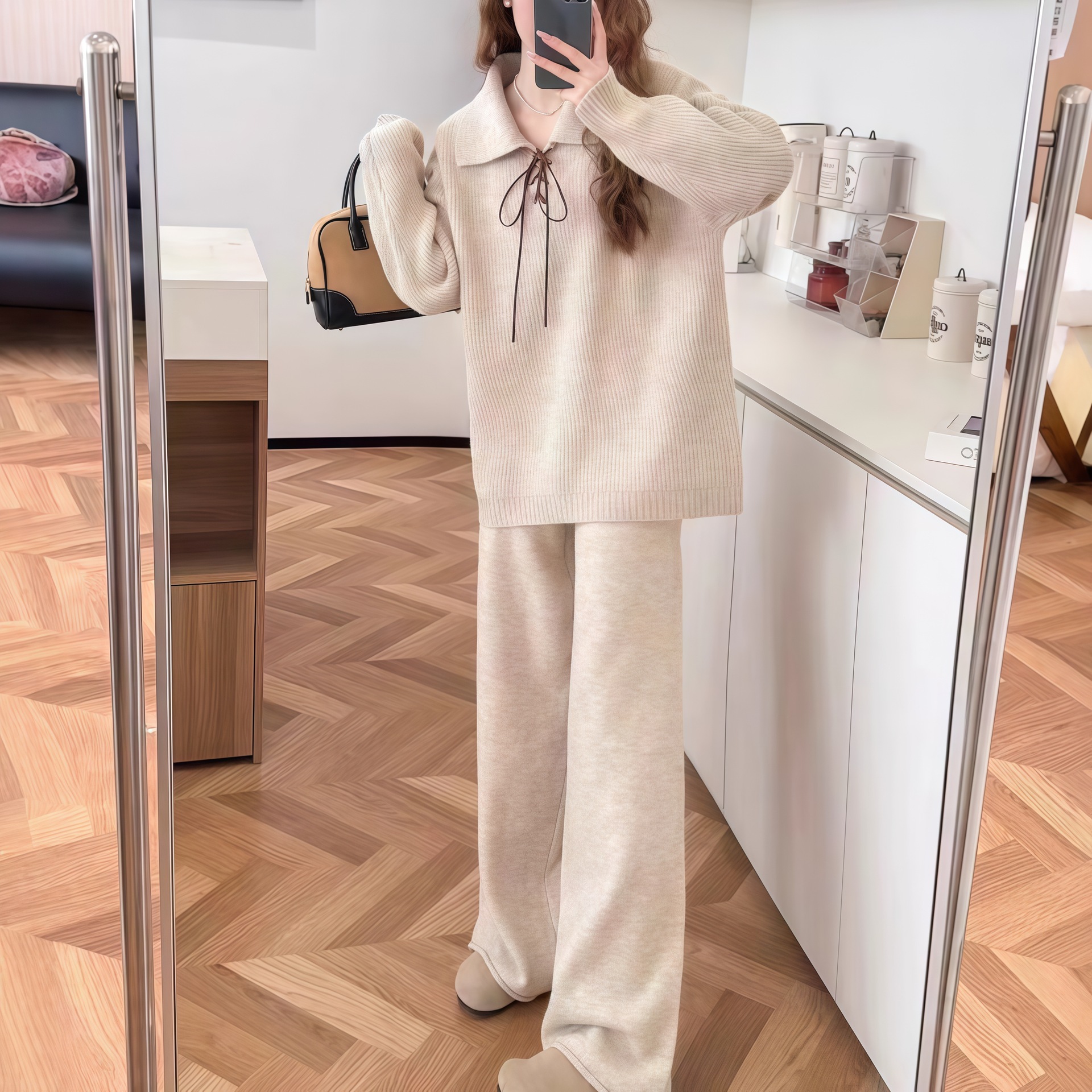 Retro Lazy Style Knitted Suit for Women Autumn and Winter New Long-Sleeved Pullover Sweater Floor-Length Pants Fashionable Two-Piece Set for Women