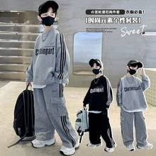 秋冬男童时尚潮范字母印花卫衣卫裤中大童条杠宽松休闲运动两件套