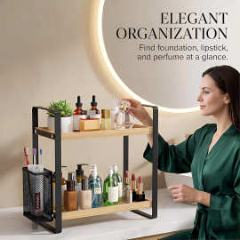 双层铁艺木质收纳架浴室洗漱台置物架化妆品护肤品整理架跨境批发