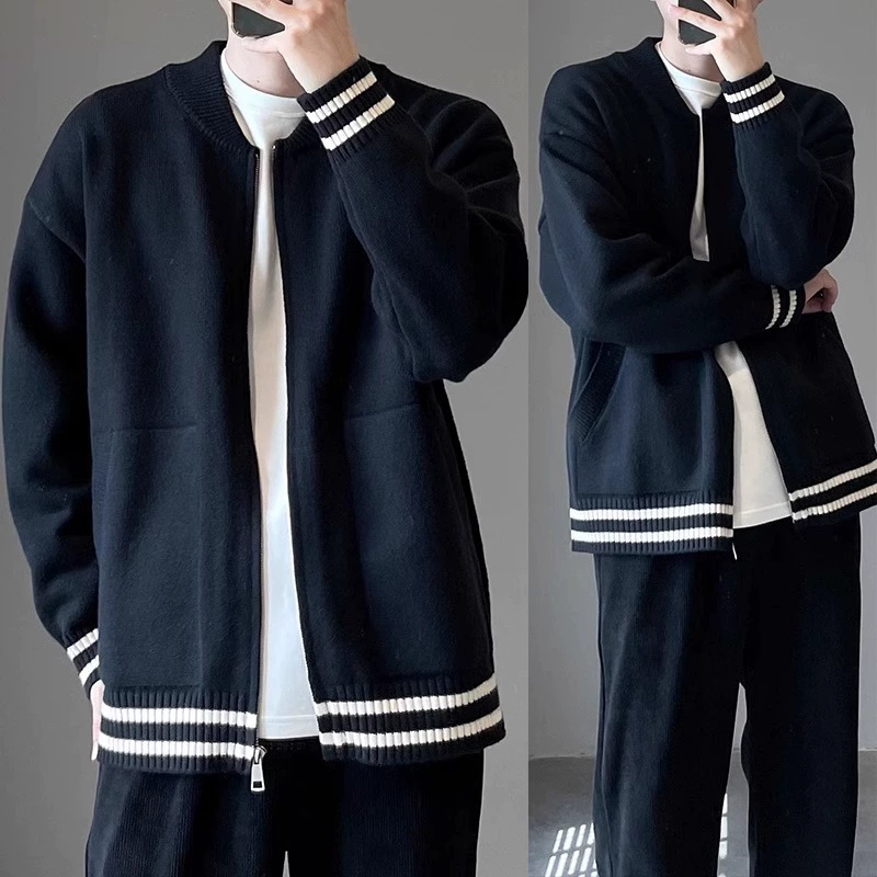 Осенний и зимний новый кардиган в полоску свитер на молнии мужской дикий свитер минималистский пиджак полужирный воротник
