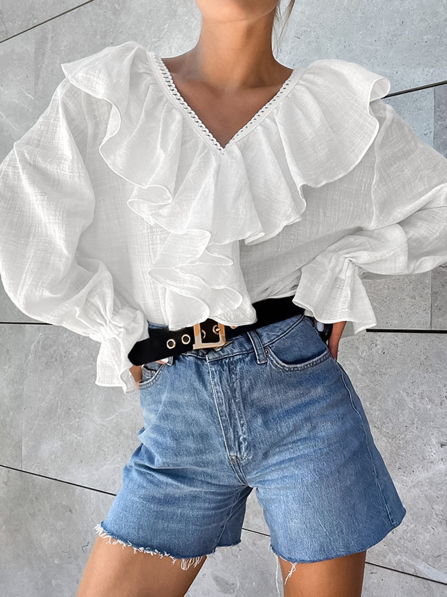 Camisa de mujer con cuello en V y bordes de loto, interior de algodón puro, diseño de otoño 2024