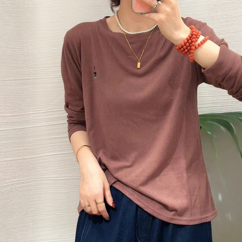 欧货2025秋季新款圆领休闲刺绣长袖T恤女宽松显瘦打底衫上衣女|undefined