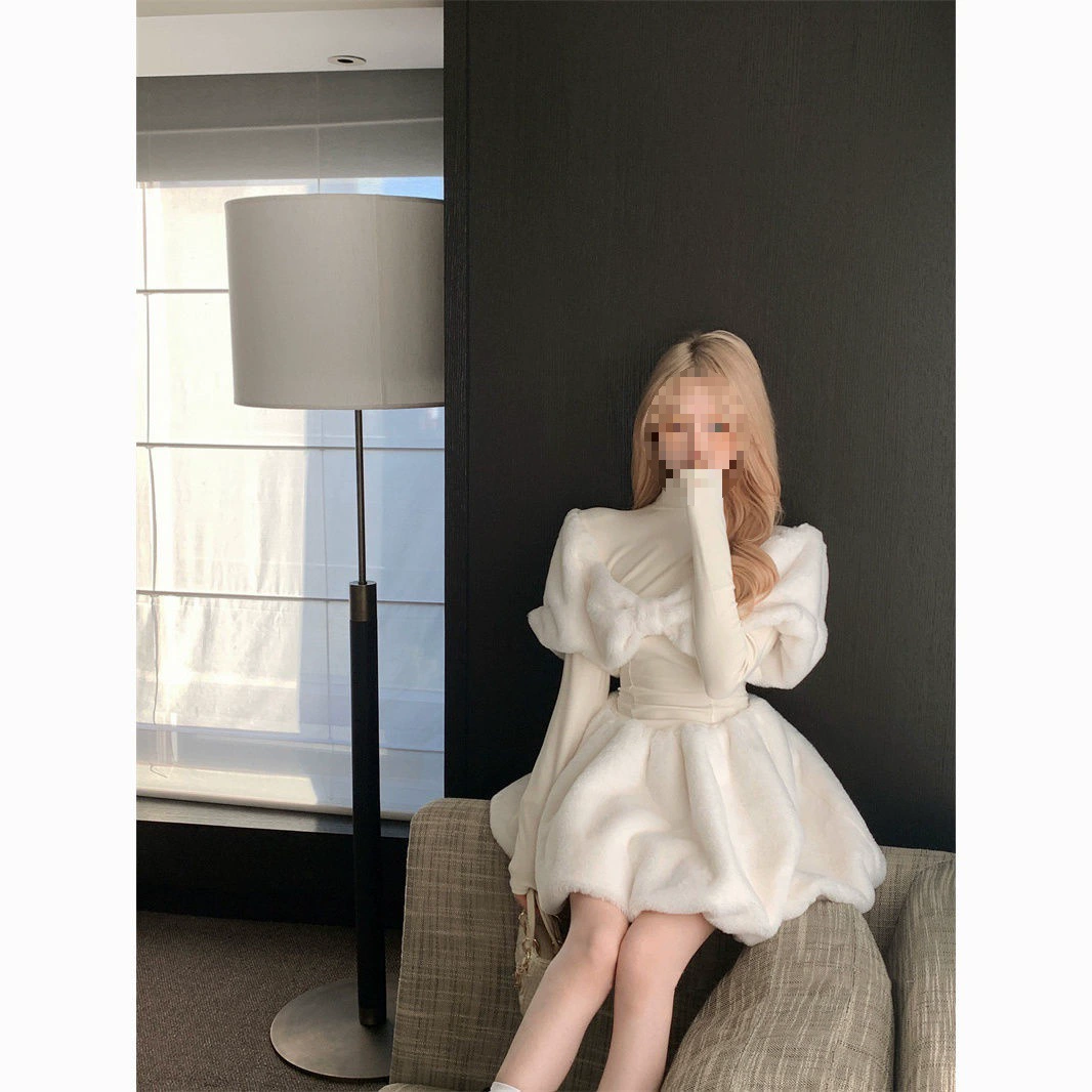 2024 новый зимний стиль сладкая девушка волосатые волосы сшивание полувысокого воротника платье принцессы темперамент талия тонкая цветочная юбка