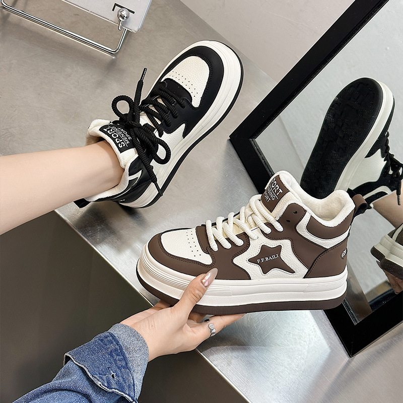 High-Top Thick-Soled Sneakers for Women 2025 New Black and White Panda Color Heightening Versatile Star White Shoes Fleece-Lined Casual Shoes