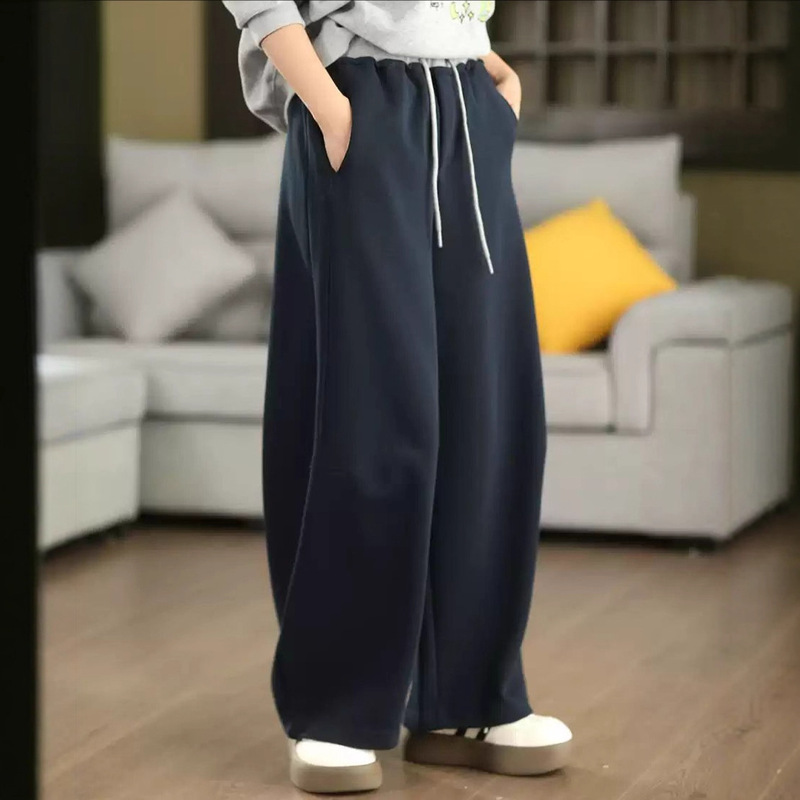 针织棉卫裤 2025秋季新款 慵懒拼色松紧腰系带弯刀休闲长裤女7176|undefined