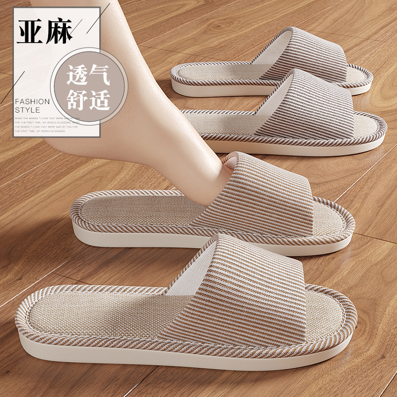 Striped Linen Slippers for Women Summer Home Indoor Non-Slip Soft Bottom Breathable Silent Couple Home Slippers for Men Wholesale