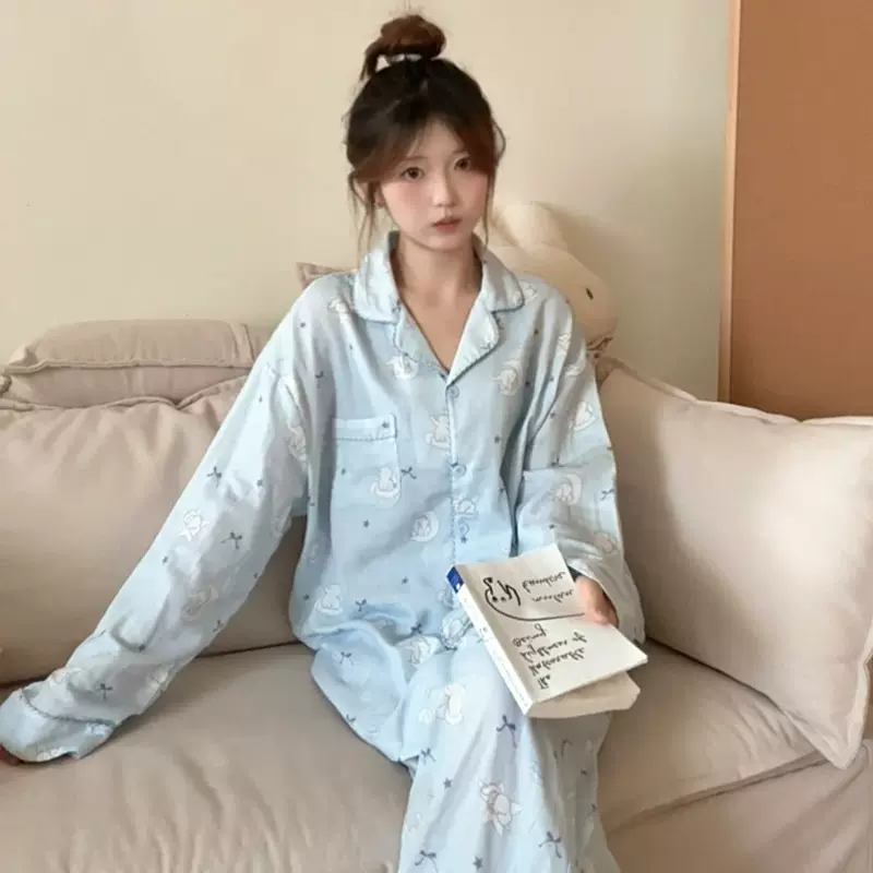 2025春秋新款蓝色月亮小象长袖长裤纯棉双层棉纱家居服可外穿睡衣