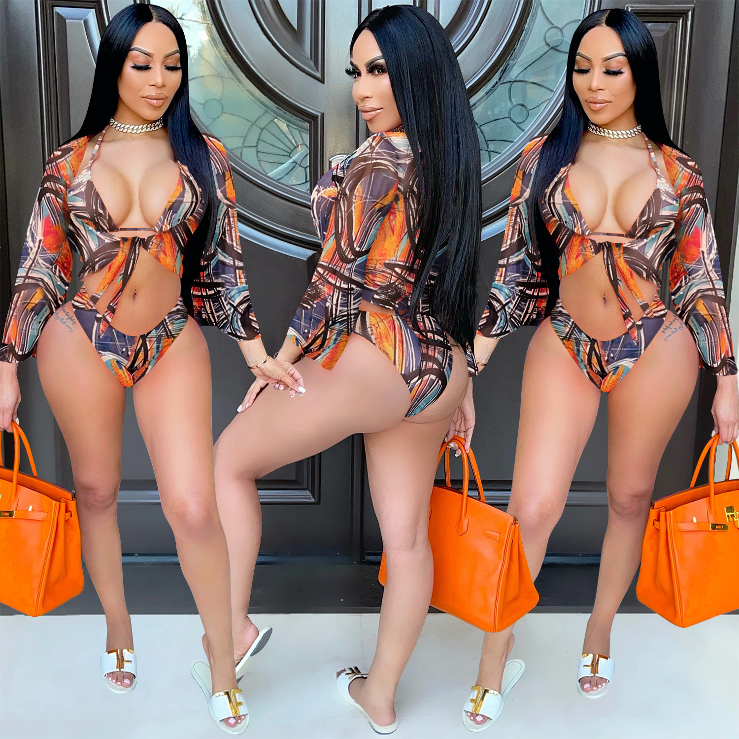 X5067 Oferta especial, no se aceptan devoluciones ni cambios, compre con precaución, conjunto de camisola de tres piezas con estampado de leopardo y malla sexy.